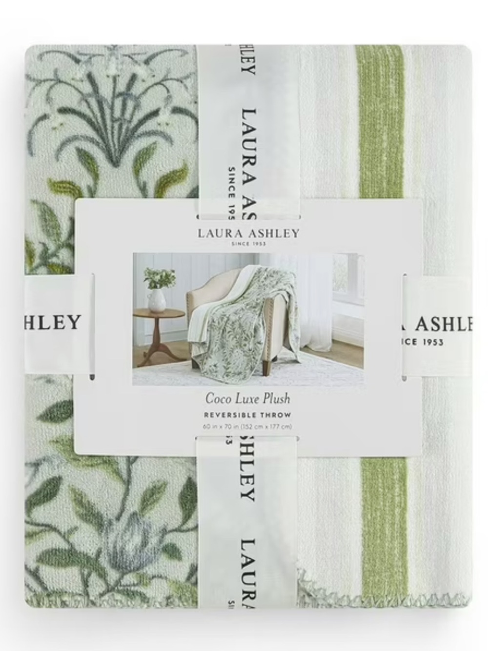 New! Laura Ashley Coco Luxe Plush Reversible Throw Blanket, 60in x 70in, Sage